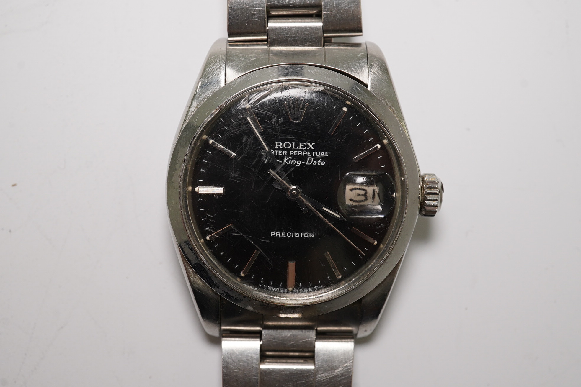 A gentleman's mid 1980's stainless steel Rolex Oyster Perpetual Air-King Date wrist watch, on a stainless steel Rolex bracelet